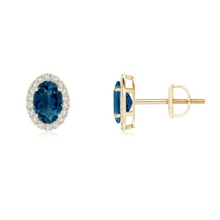 6x4mm AAAA Oval London Blue Topaz Stud Earrings with Diamond Halo in Yellow Gold