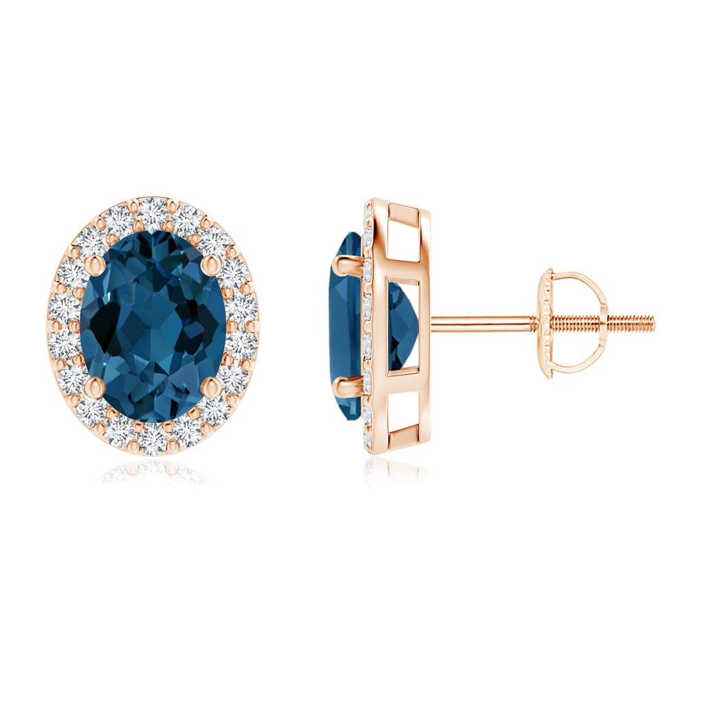 8x6mm AAA Oval London Blue Topaz Stud Earrings with Diamond Halo in Rose Gold
