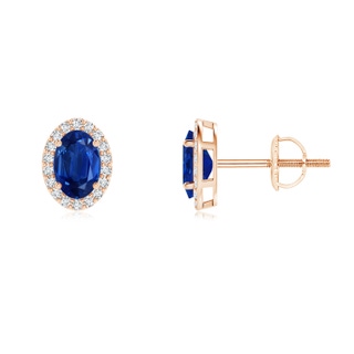 6x4mm AAA Oval Blue Sapphire Stud Earrings with Diamond Halo in Rose Gold