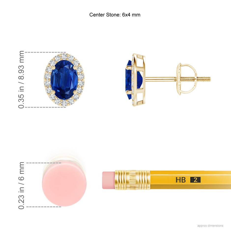 6x4mm AAA Oval Blue Sapphire Stud Earrings with Diamond Halo in Yellow Gold ruler