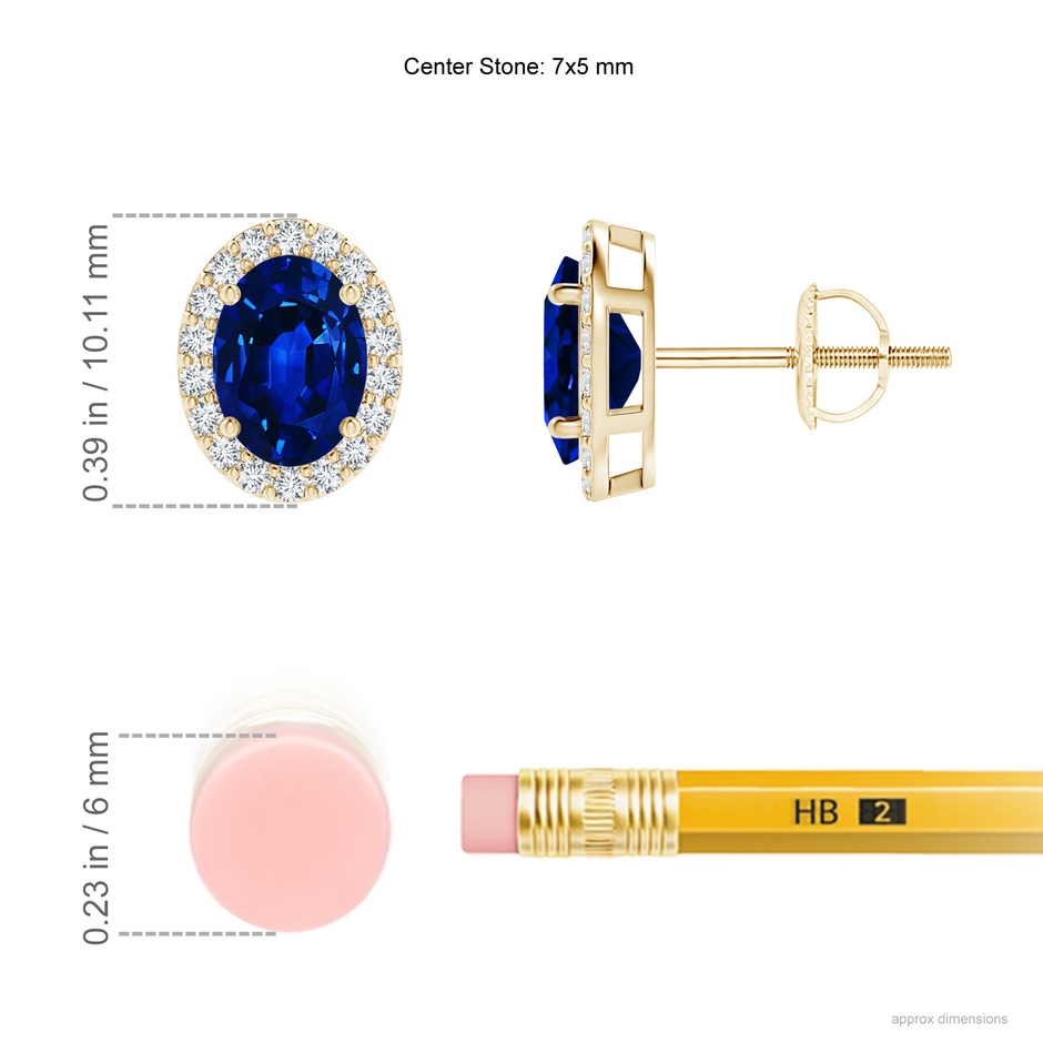 7x5mm Lab-Grown Oval Blue Sapphire Stud Earrings with Diamond Halo in Yellow Gold ruler