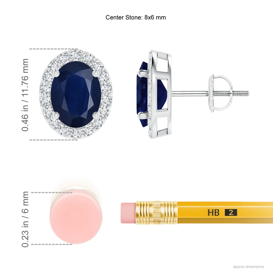 8x6mm A Oval Blue Sapphire Stud Earrings with Diamond Halo in White Gold ruler