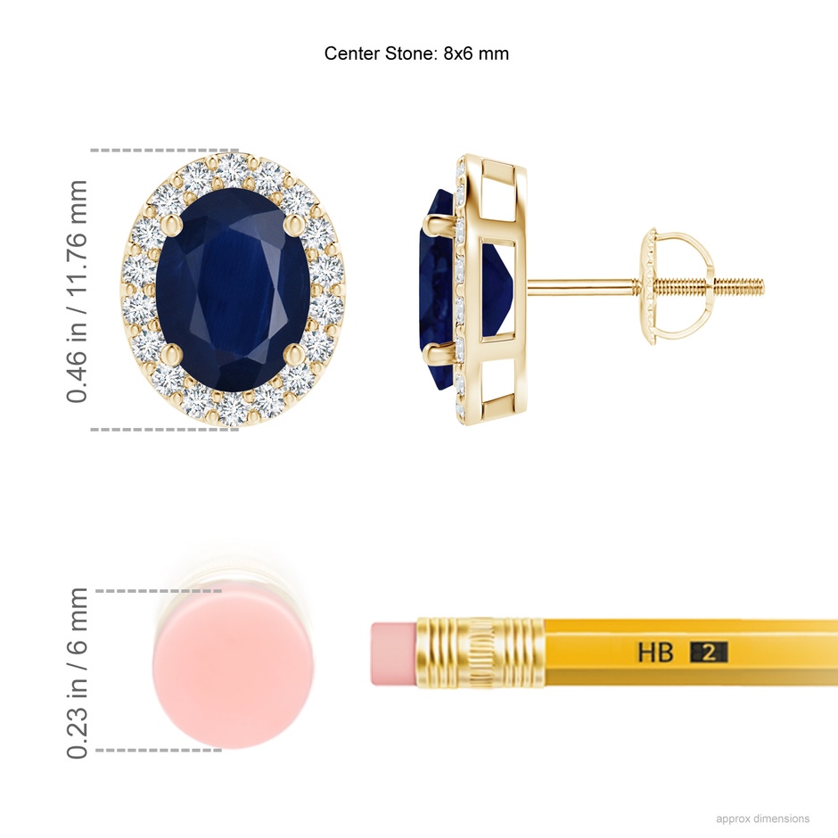8x6mm A Oval Blue Sapphire Stud Earrings with Diamond Halo in Yellow Gold ruler