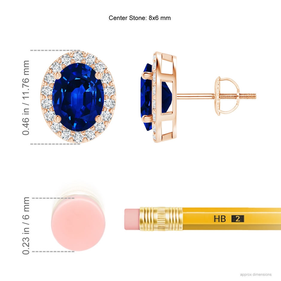 8x6mm AAAA Oval Blue Sapphire Stud Earrings with Diamond Halo in Rose Gold ruler