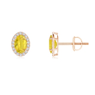 6x4mm AA Oval Yellow Sapphire Stud Earrings with Diamond Halo in Rose Gold