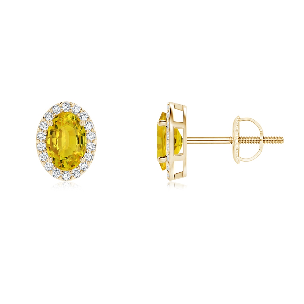 6x4mm AAAA Oval Yellow Sapphire Stud Earrings with Diamond Halo in Yellow Gold