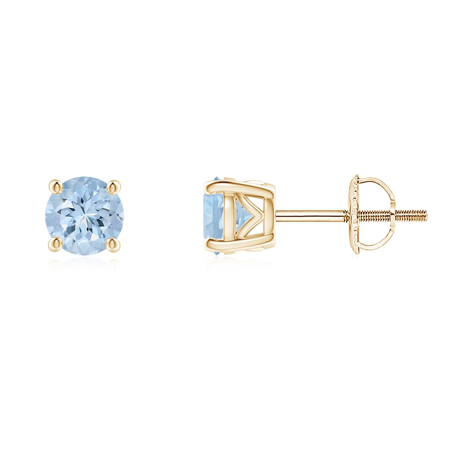 5mm AA Vintage Style Round Aquamarine Solitaire Stud Earrings in Yellow Gold 