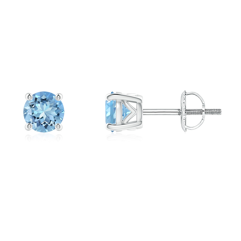 5mm AAAA Vintage Style Round Aquamarine Solitaire Stud Earrings in 18K White Gold