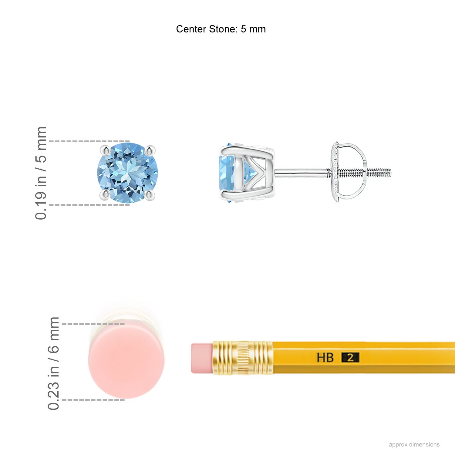 5mm AAAA Vintage Style Round Aquamarine Solitaire Stud Earrings in 18CT White Gold - ruler