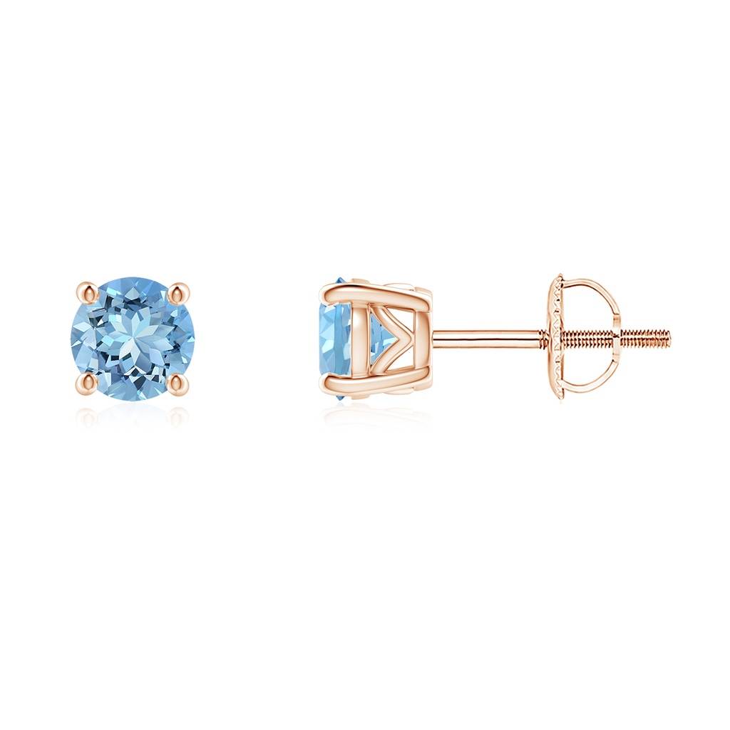 5mm AAAA Vintage Style Round Aquamarine Solitaire Stud Earrings in Rose Gold