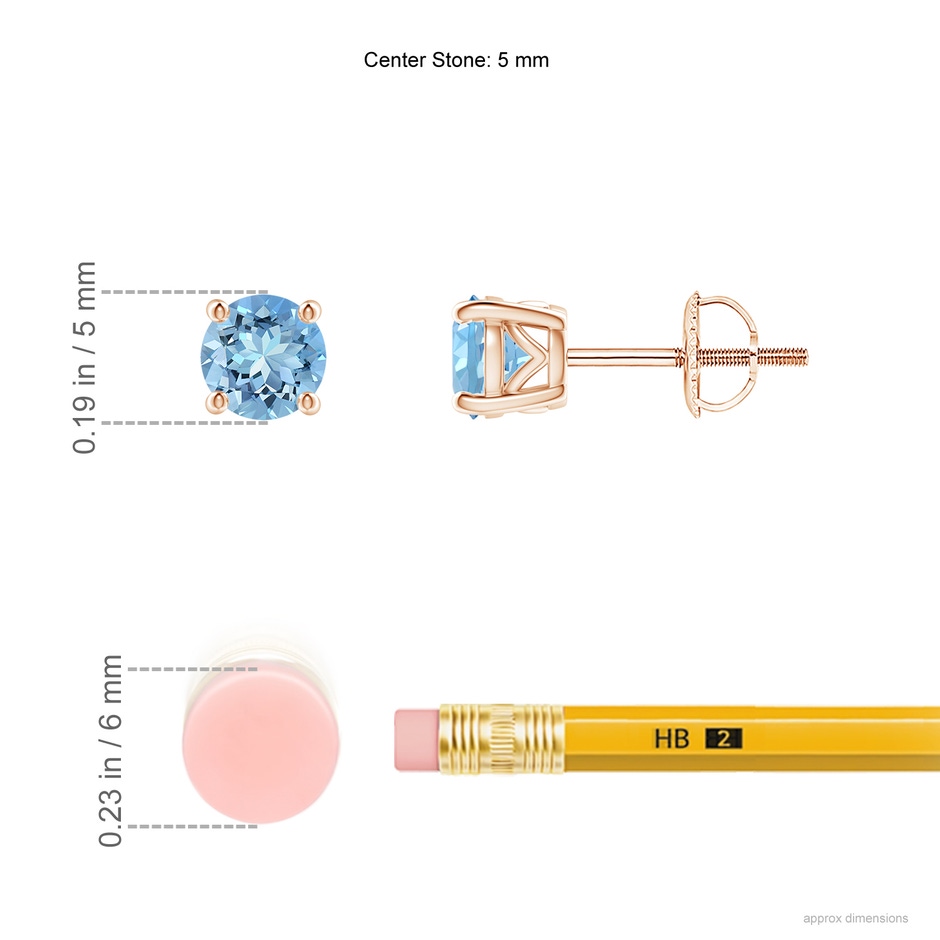 5mm AAAA Vintage Style Round Aquamarine Solitaire Stud Earrings in Rose Gold ruler