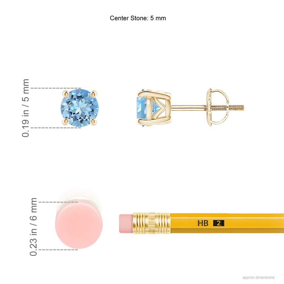 5mm AAAA Vintage Style Round Aquamarine Solitaire Stud Earrings in Yellow Gold ruler