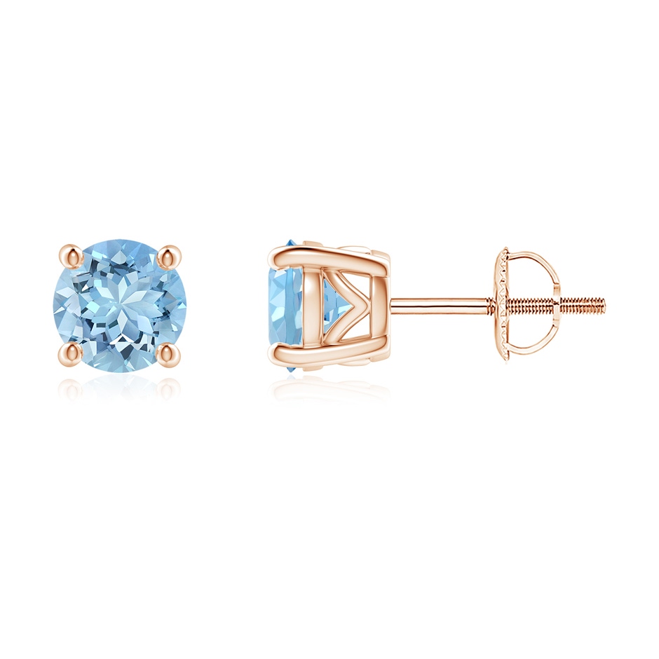 6mm AAAA Vintage Style Round Aquamarine Solitaire Stud Earrings in Rose Gold 