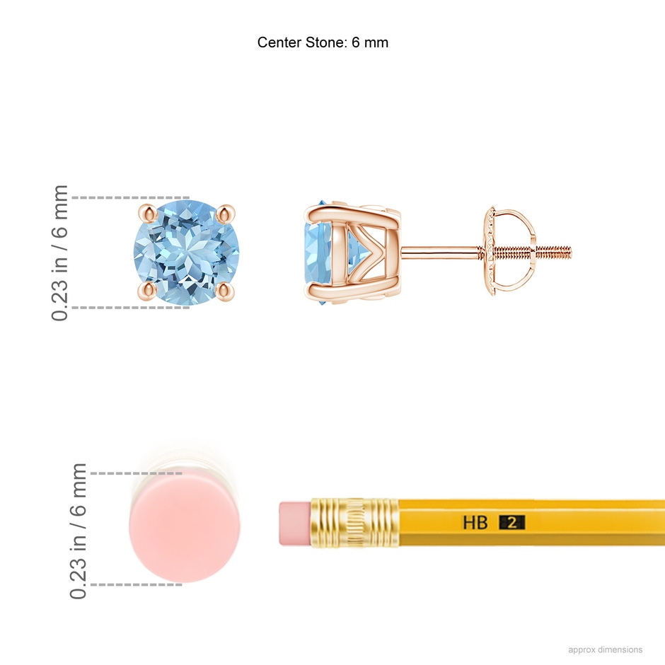 6mm AAAA Vintage Style Round Aquamarine Solitaire Stud Earrings in Rose Gold ruler