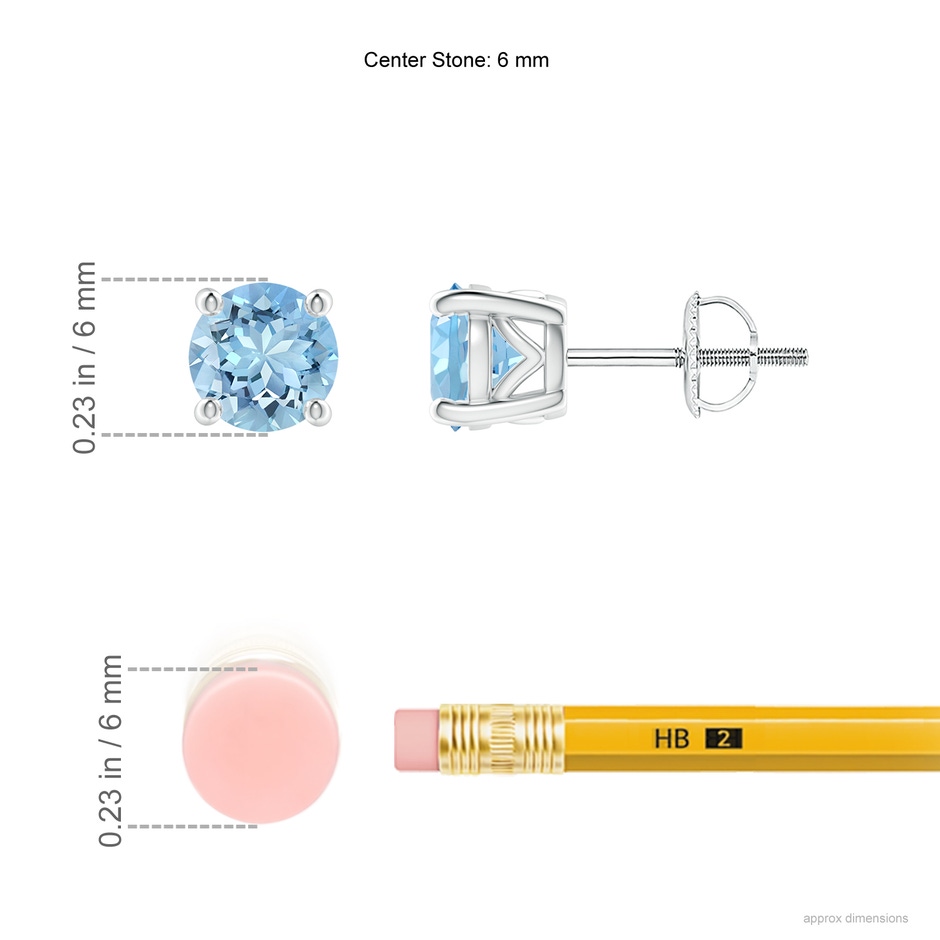 6mm AAAA Vintage Style Round Aquamarine Solitaire Stud Earrings in White Gold ruler