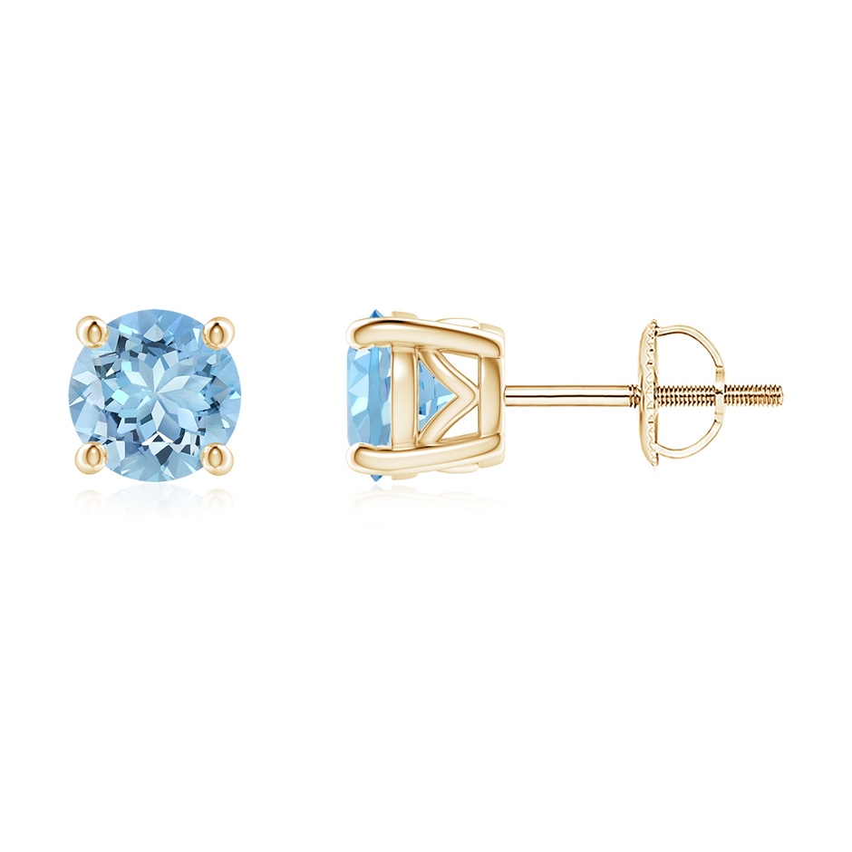 6mm AAAA Vintage Style Round Aquamarine Solitaire Stud Earrings in Yellow Gold 