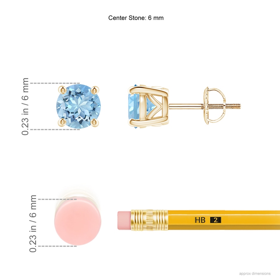 6mm AAAA Vintage Style Round Aquamarine Solitaire Stud Earrings in Yellow Gold ruler