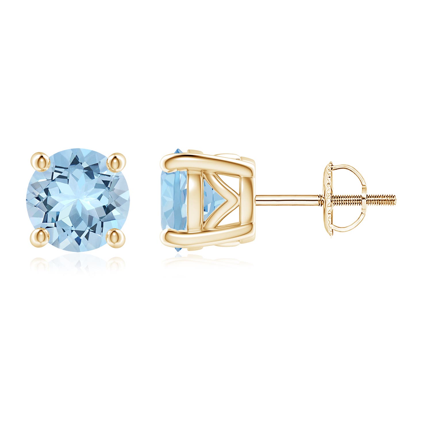 7mm AAA Vintage Style Round Aquamarine Solitaire Stud Earrings in Yellow Gold