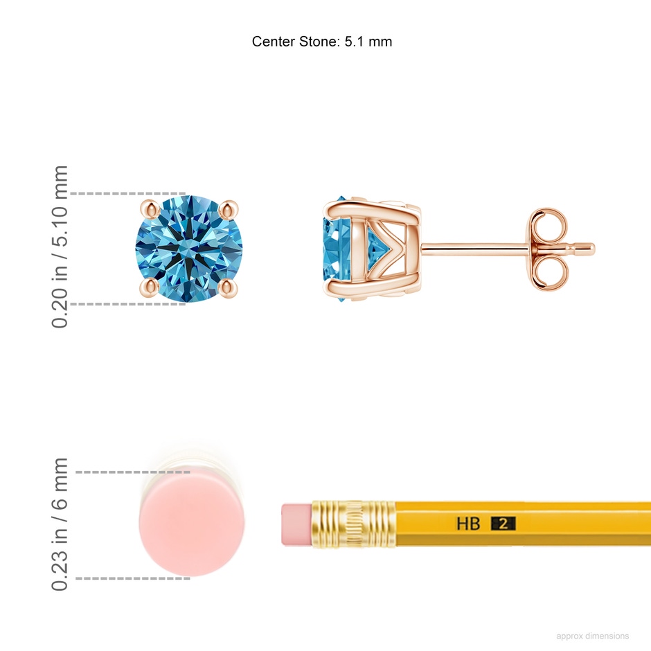5.1mm AAAA Vintage Style Round Fancy Intense Blue Diamond Solitaire Stud Earrings in Rose Gold ruler