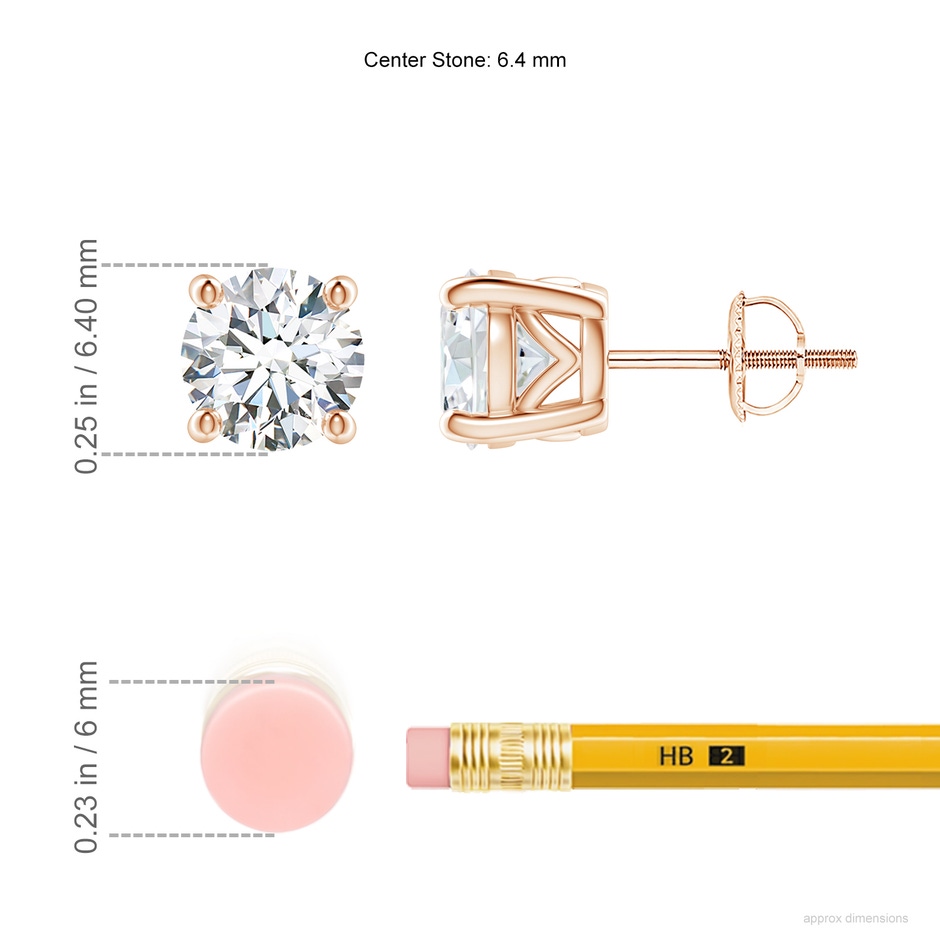 6.4mm GVS2 Vintage Style Round Diamond Solitaire Stud Earrings in Rose Gold ruler