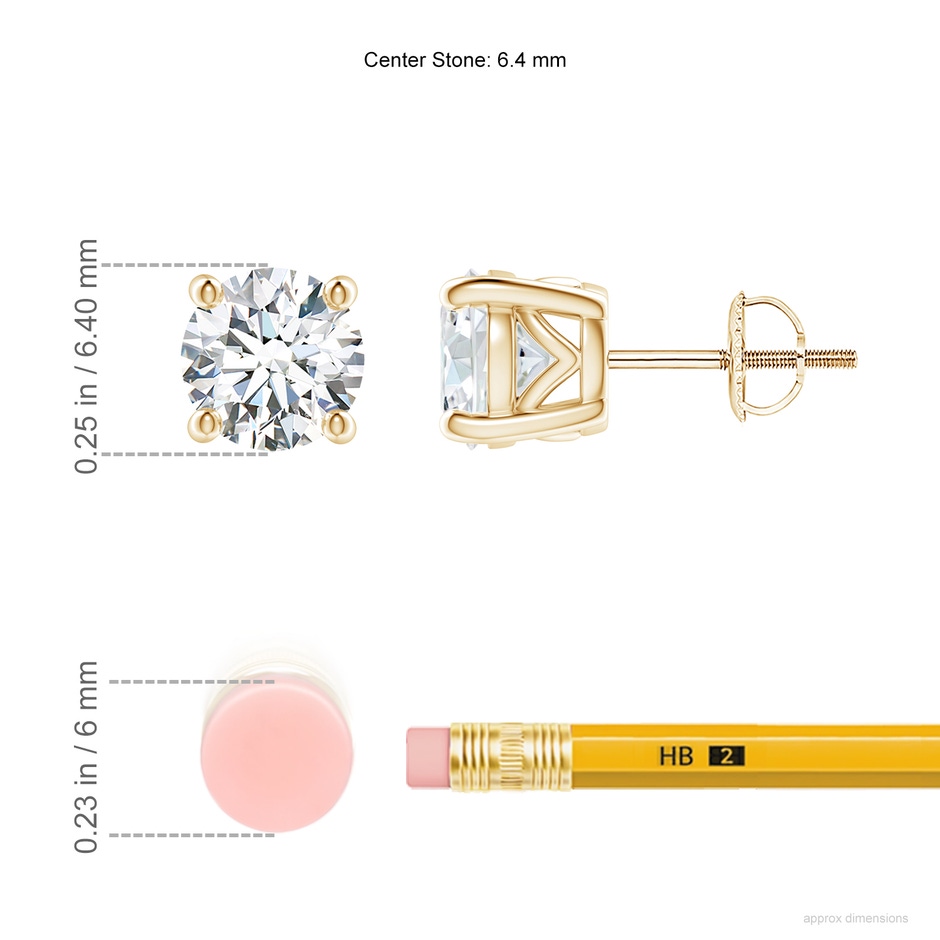 6.4mm GVS2 Vintage Style Round Diamond Solitaire Stud Earrings in Yellow Gold ruler