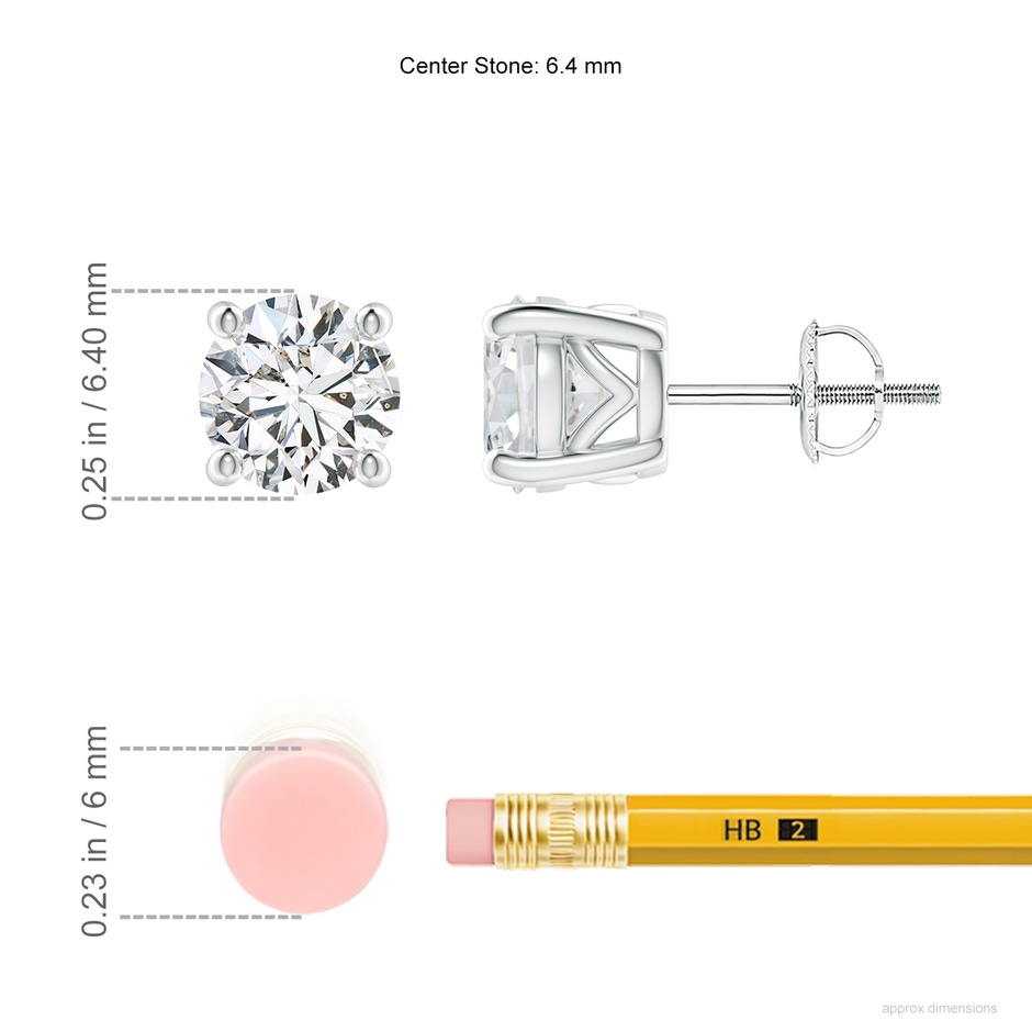 6.4mm HSI2 Vintage Style Round Diamond Solitaire Stud Earrings in White Gold ruler