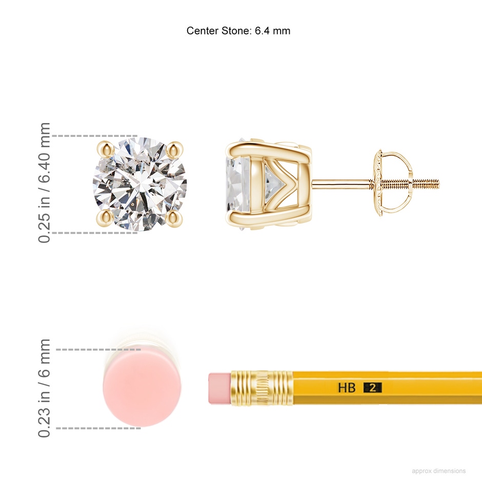 6.4mm IJI1I2 Vintage Style Round Diamond Solitaire Stud Earrings in Yellow Gold ruler