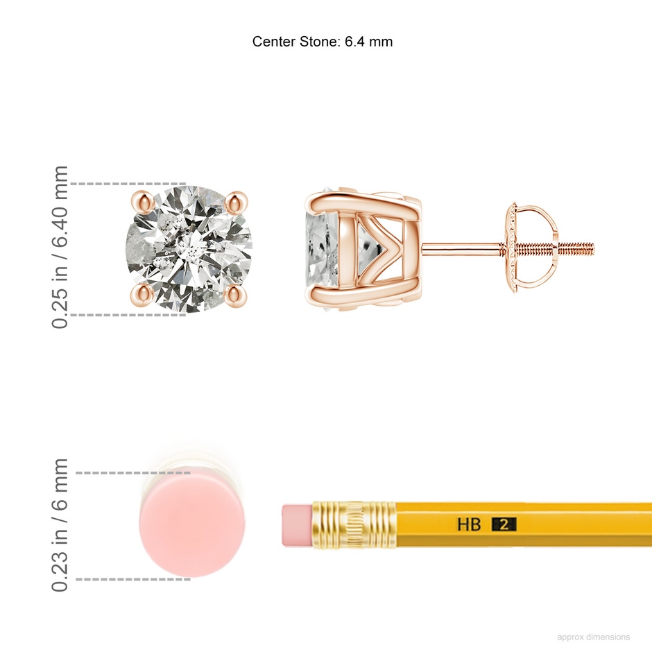 6.4mm KI3 Vintage Style Round Diamond Solitaire Stud Earrings in Rose Gold ruler