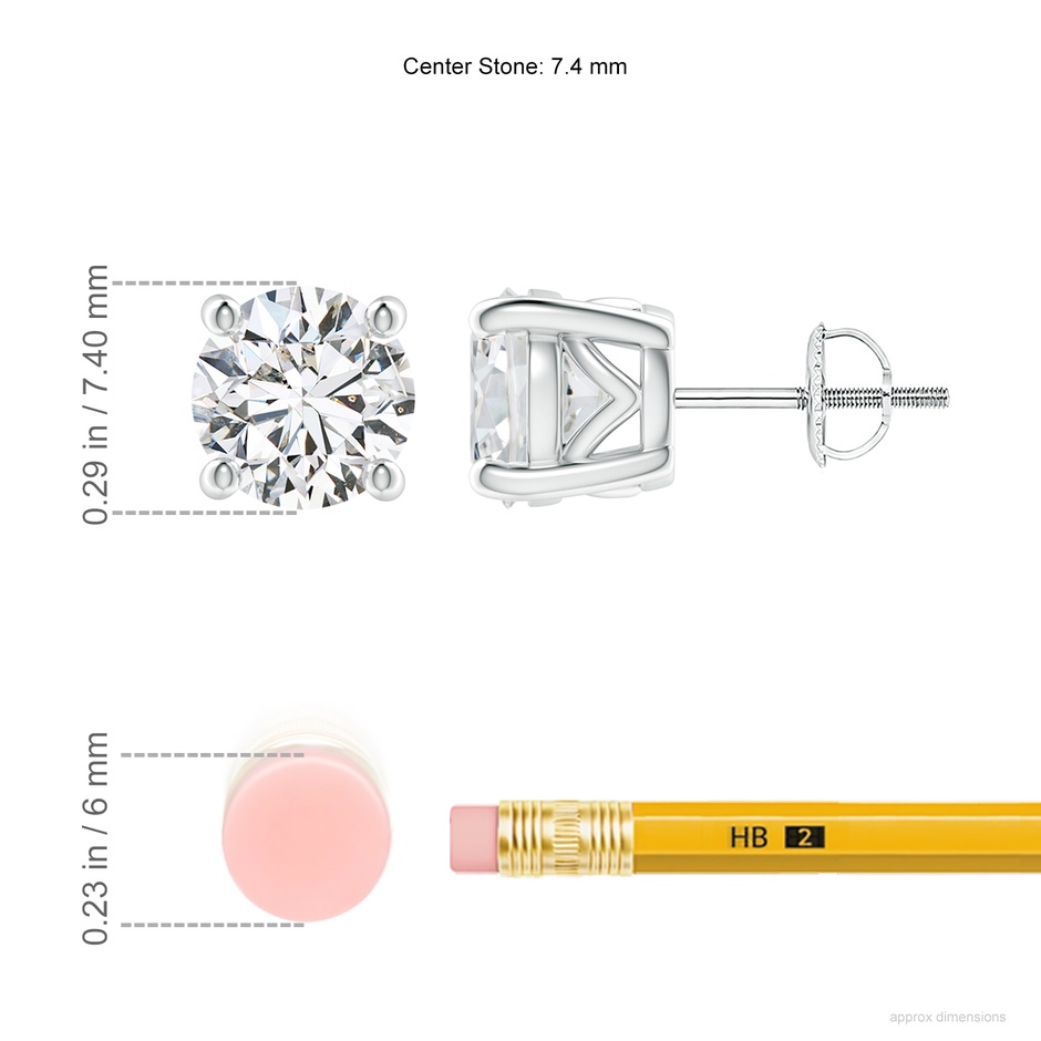 7.4mm HSI2 Vintage Style Round Diamond Solitaire Stud Earrings in P950 Platinum ruler