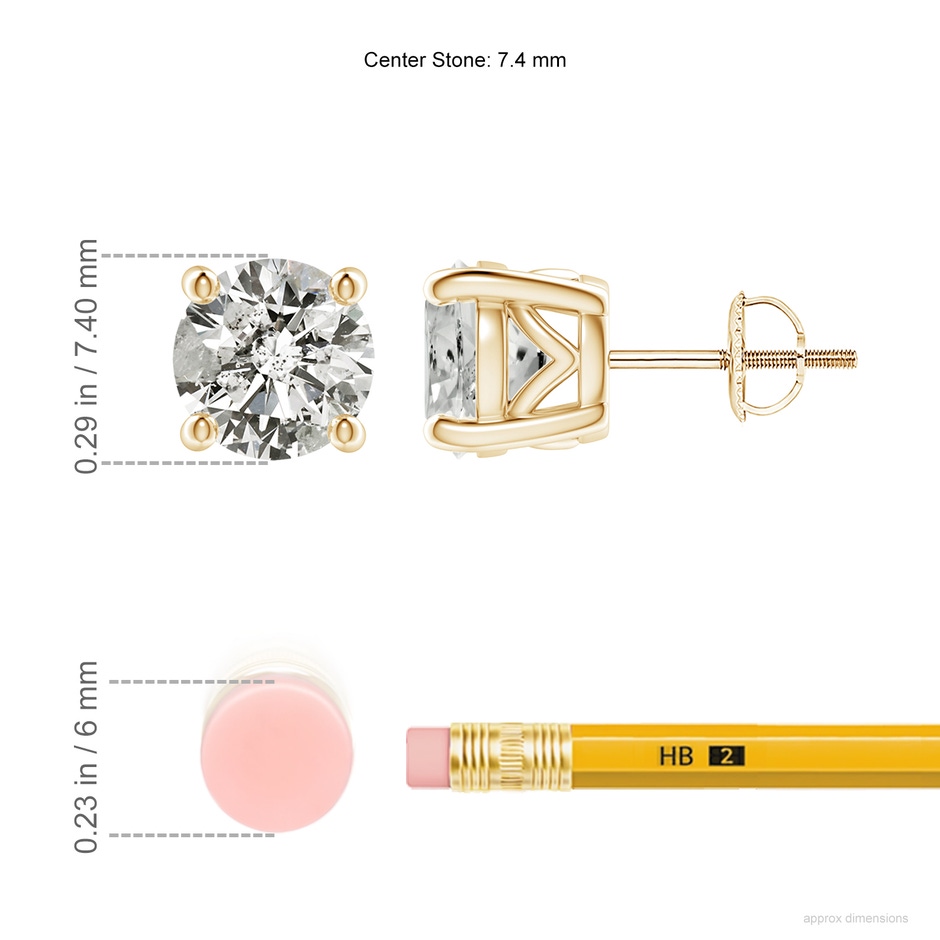 7.4mm KI3 Vintage Style Round Diamond Solitaire Stud Earrings in Yellow Gold ruler