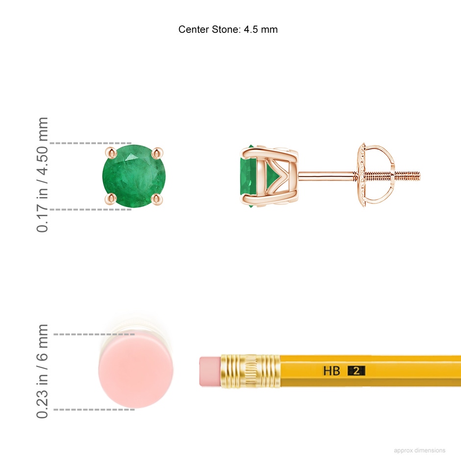 4.5mm A Vintage Style Round Emerald Solitaire Stud Earrings in Rose Gold ruler