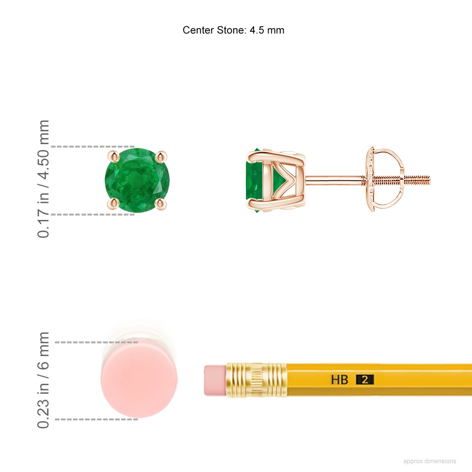 4.5mm AA Vintage Style Round Emerald Solitaire Stud Earrings in Rose Gold ruler