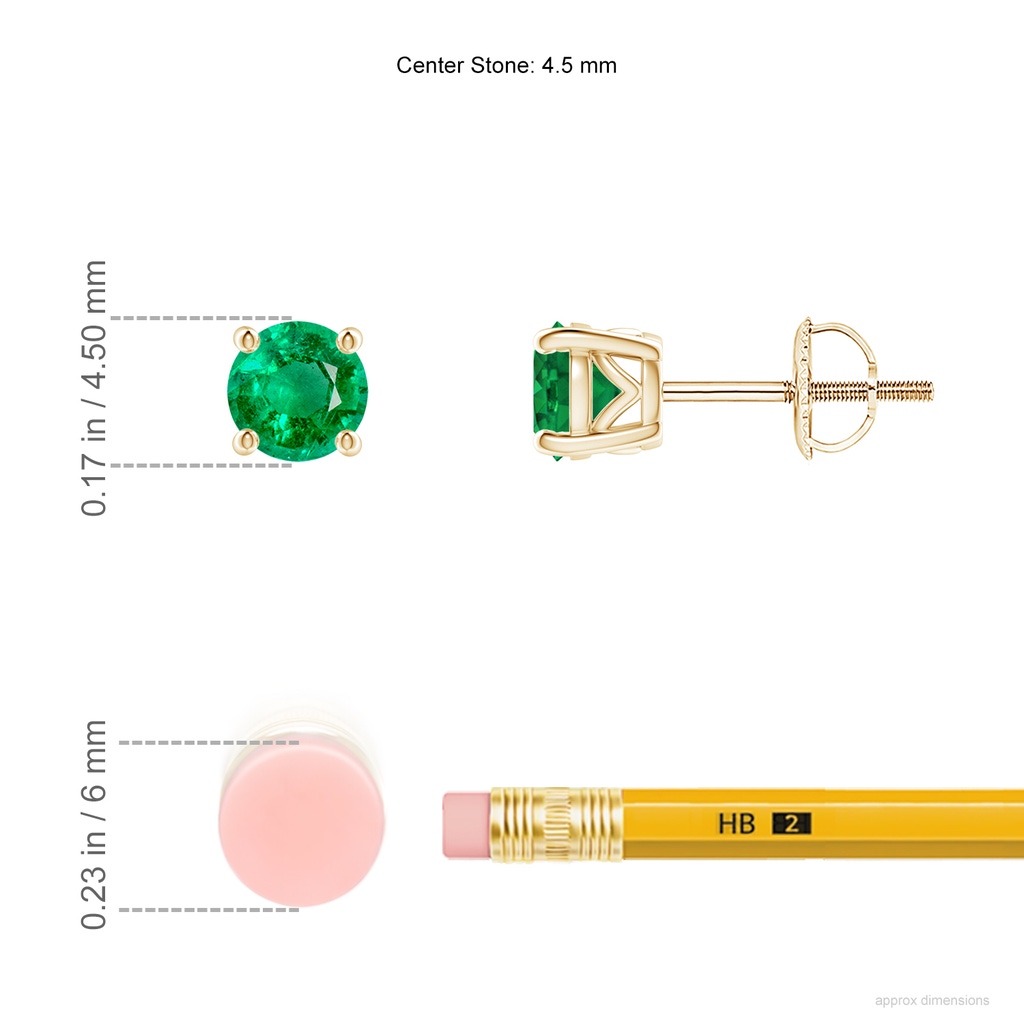 4.5mm AAA Vintage Style Round Emerald Solitaire Stud Earrings in Yellow Gold ruler