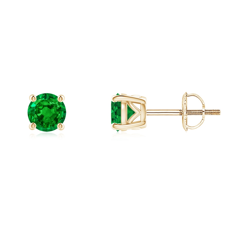 4.5mm AAAA Vintage Style Round Emerald Solitaire Stud Earrings in Yellow Gold 