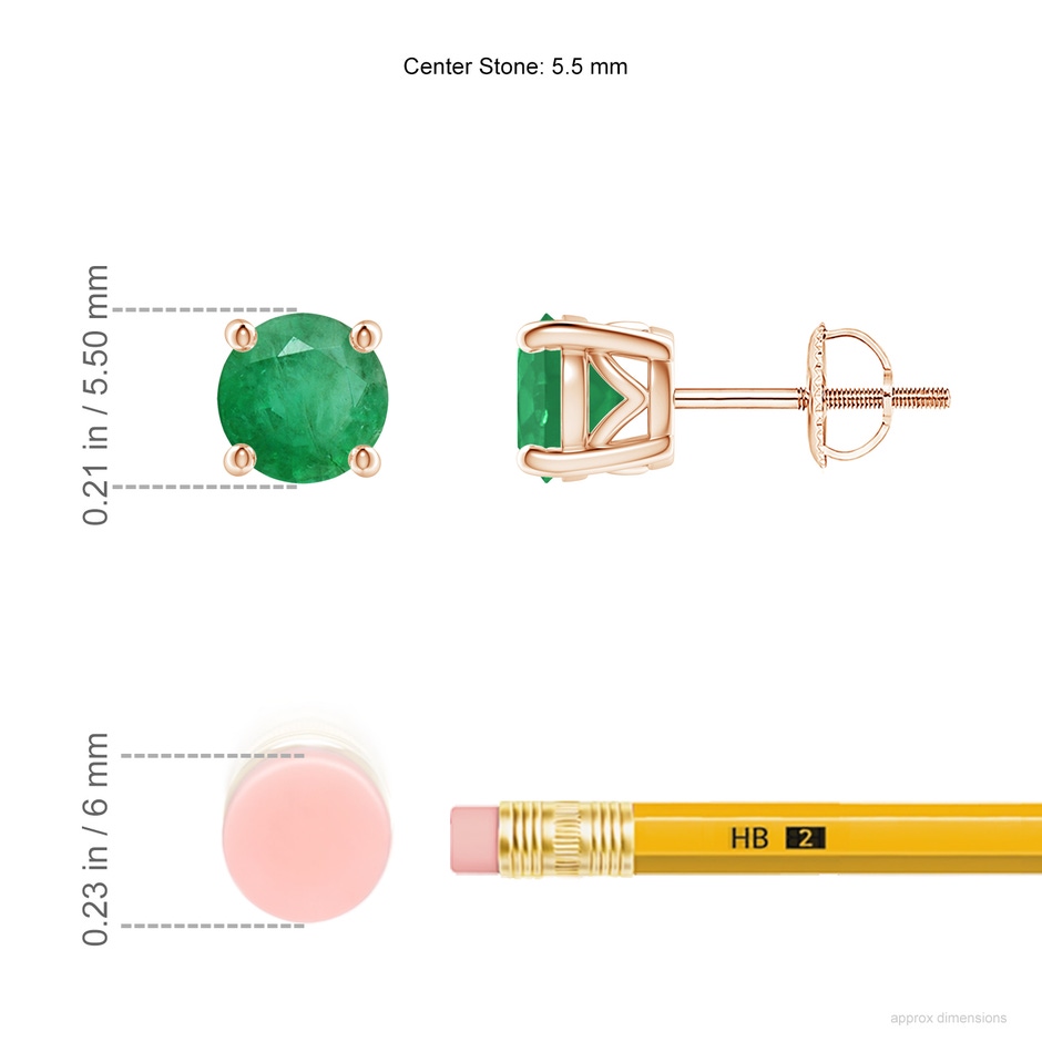 5.5mm A Vintage Style Round Emerald Solitaire Stud Earrings in Rose Gold ruler