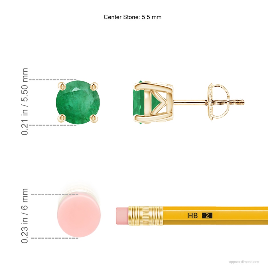 5.5mm A Vintage Style Round Emerald Solitaire Stud Earrings in Yellow Gold ruler