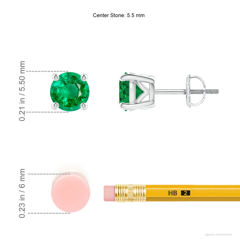 5.5mm AAA Vintage Style Round Emerald Solitaire Stud Earrings in P950 Platinum ruler