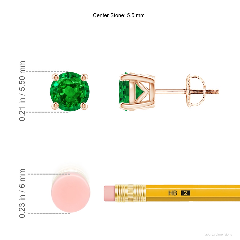5.5mm AAAA Vintage Style Round Emerald Solitaire Stud Earrings in Rose Gold ruler