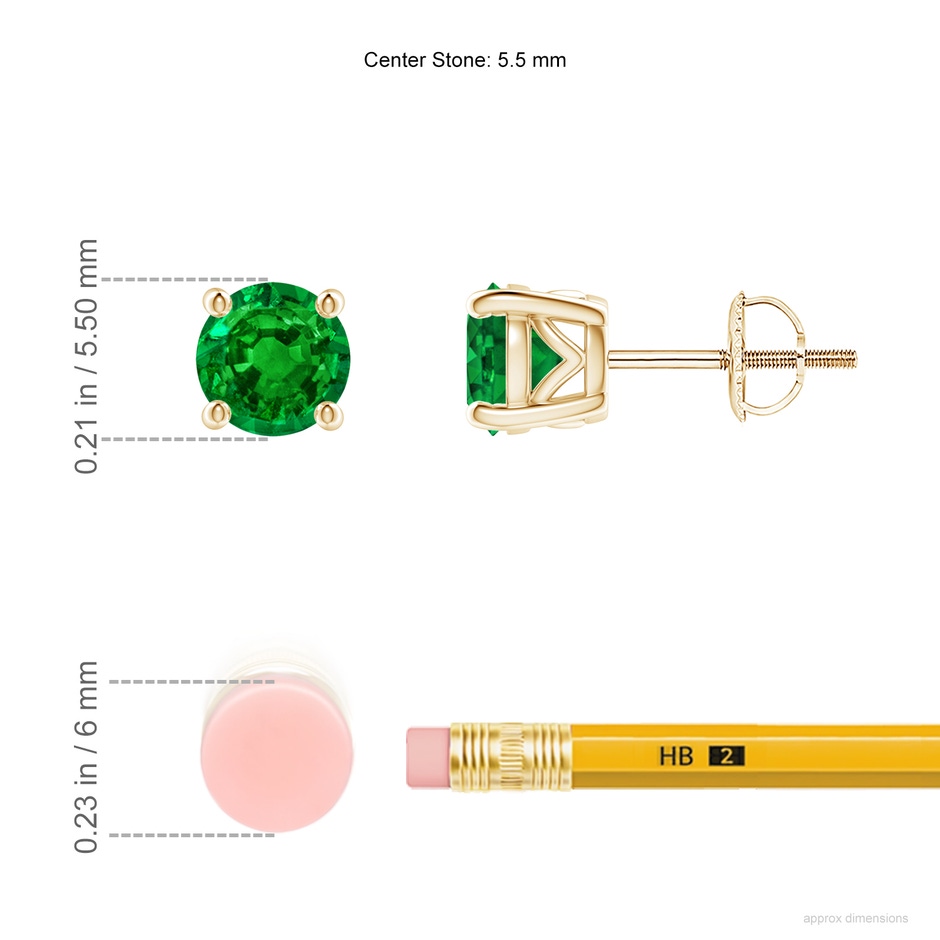 5.5mm AAAA Vintage Style Round Emerald Solitaire Stud Earrings in Yellow Gold ruler