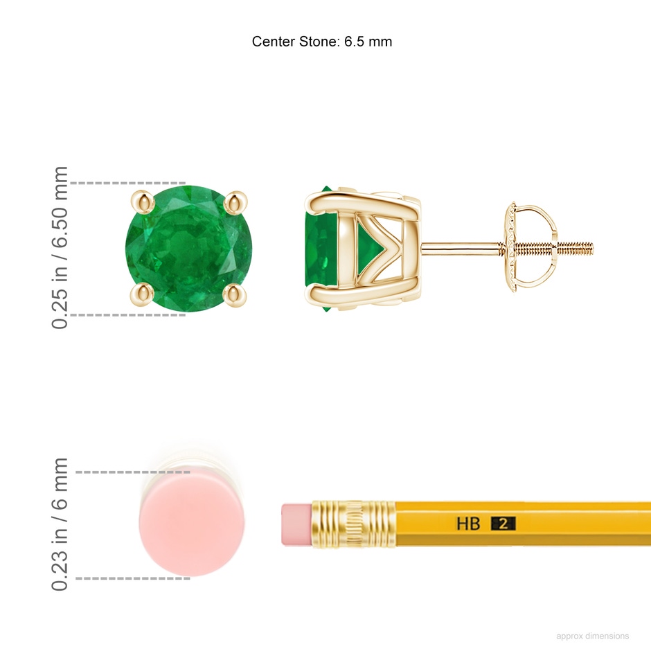 6.5mm AA Vintage Style Round Emerald Solitaire Stud Earrings in Yellow Gold ruler