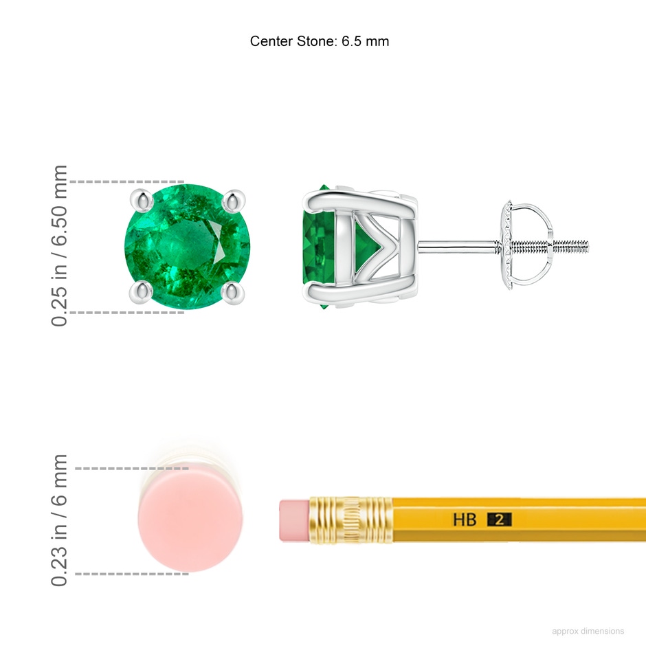 6.5mm AAA Vintage Style Round Emerald Solitaire Stud Earrings in P950 Platinum ruler
