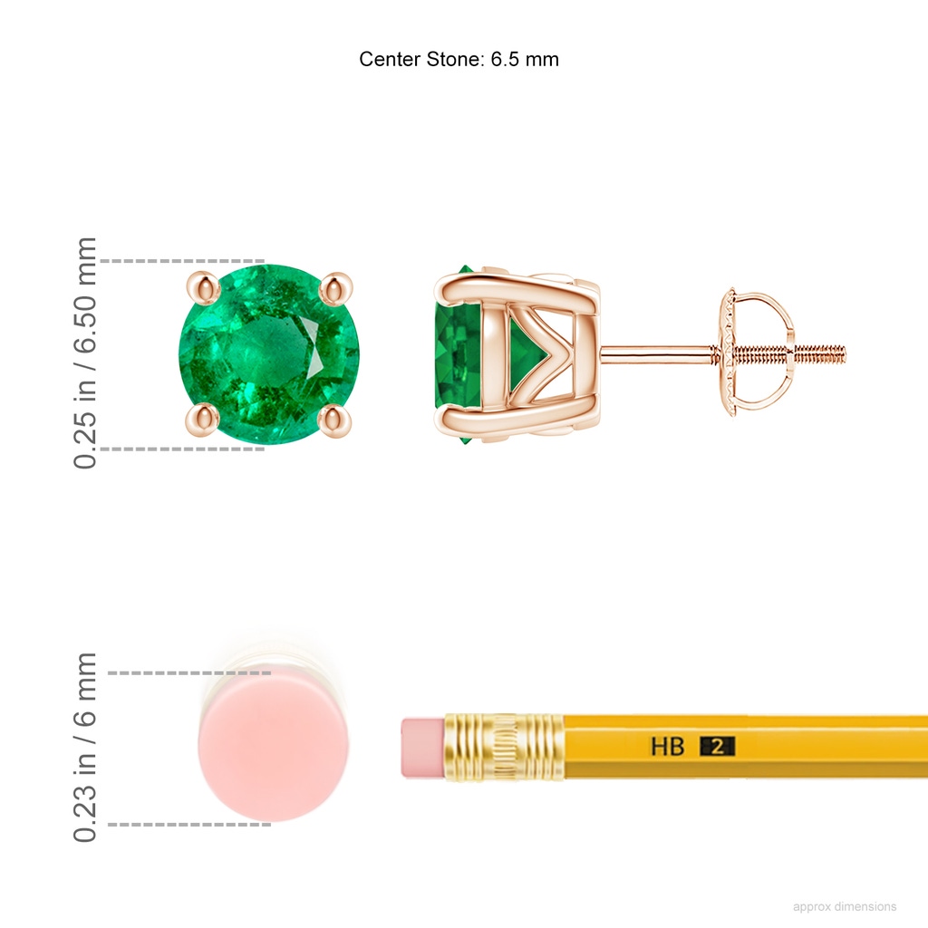 6.5mm AAA Vintage Style Round Emerald Solitaire Stud Earrings in Rose Gold ruler