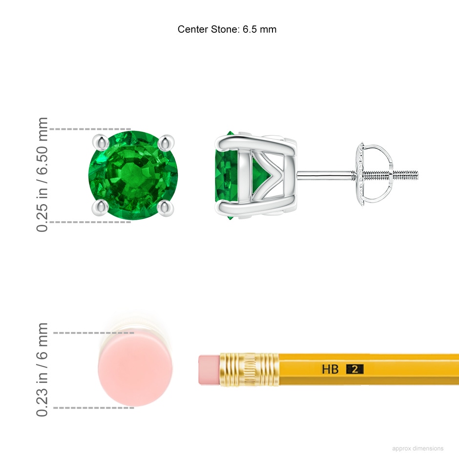 6.5mm AAAA Vintage Style Round Emerald Solitaire Stud Earrings in White Gold ruler