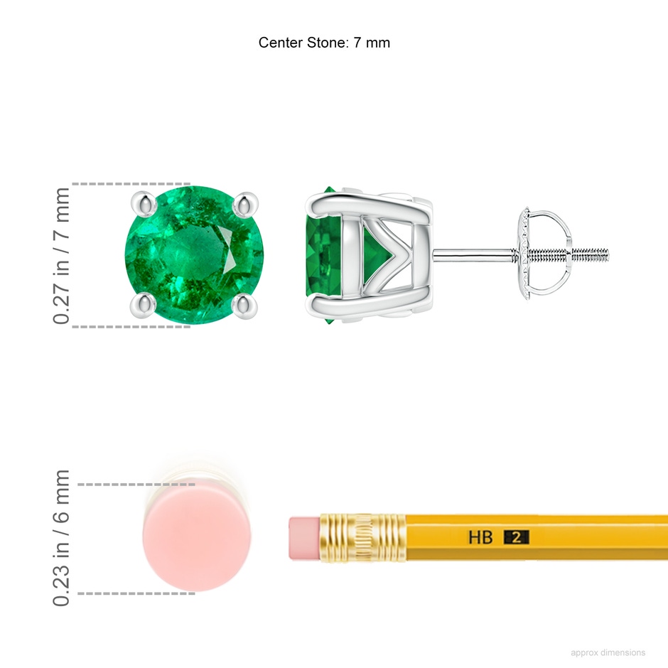 7mm AAA Vintage Style Round Emerald Solitaire Stud Earrings in White Gold ruler