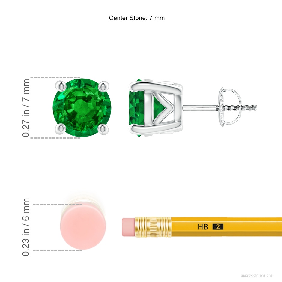 7mm AAAA Vintage Style Round Emerald Solitaire Stud Earrings in P950 Platinum ruler