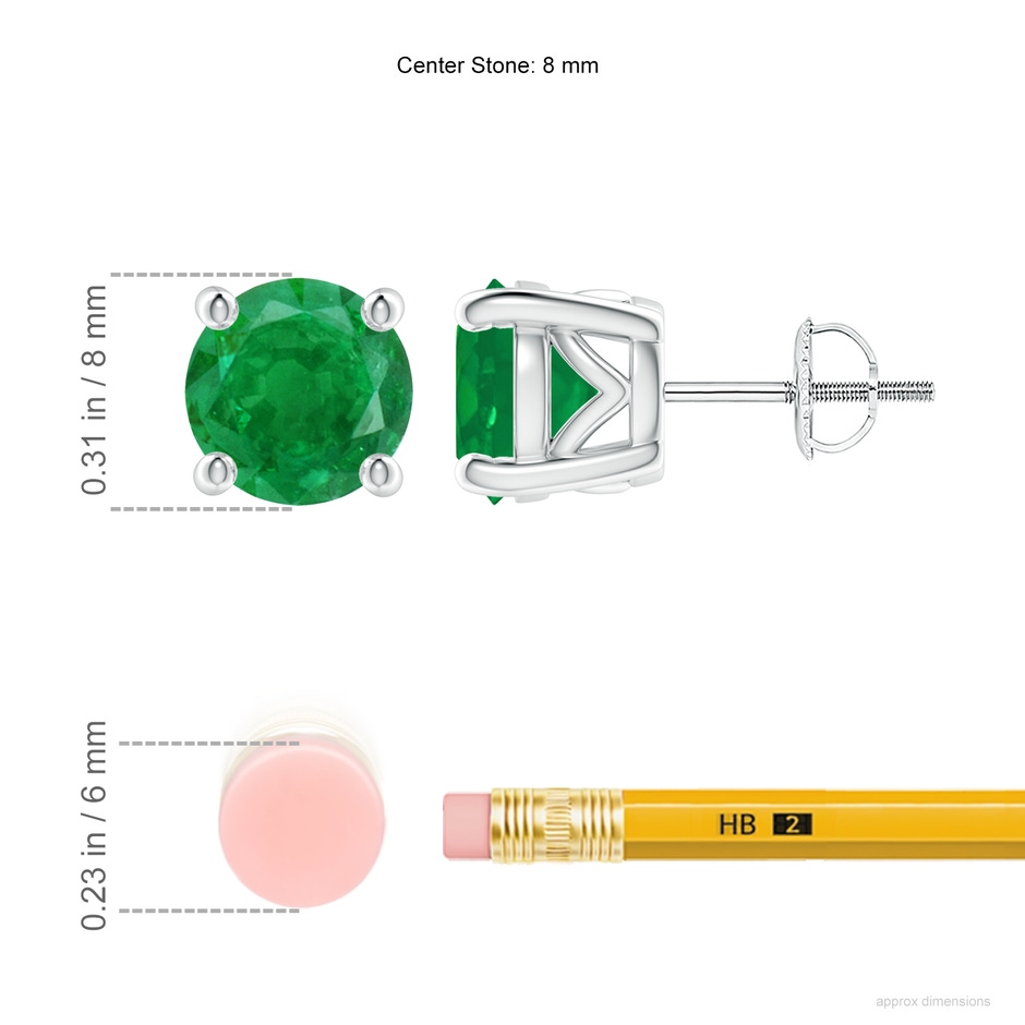 8mm AA Vintage Style Round Emerald Solitaire Stud Earrings in P950 Platinum ruler