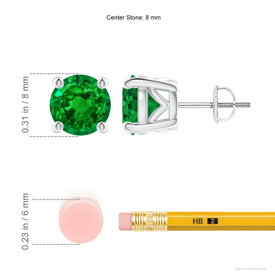 8mm AAAA Vintage Style Round Emerald Solitaire Stud Earrings in P950 Platinum ruler