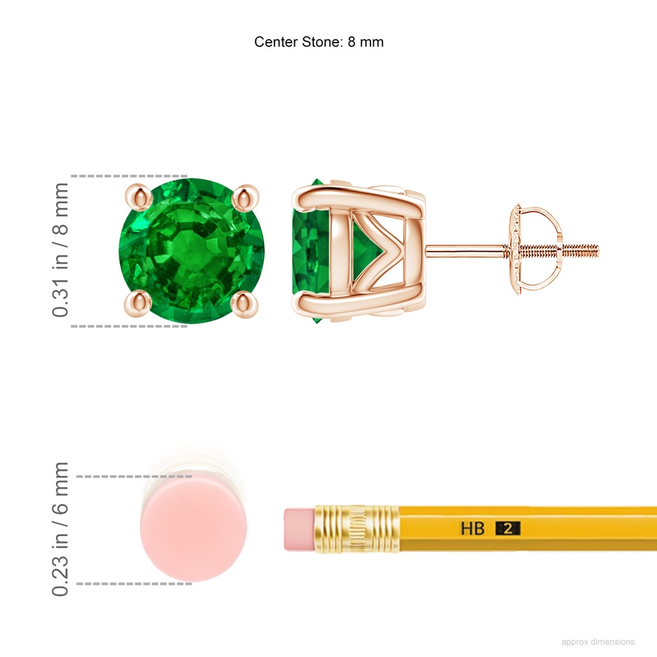 8mm AAAA Vintage Style Round Emerald Solitaire Stud Earrings in Rose Gold ruler