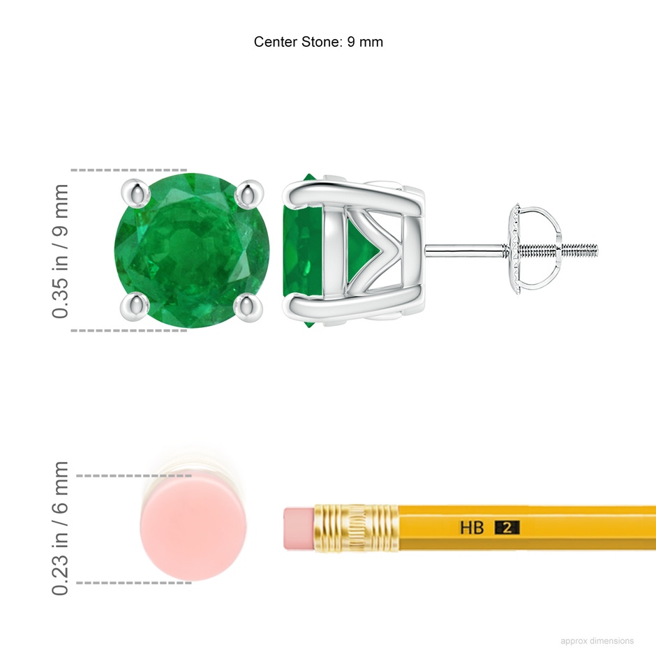 9mm AA Vintage Style Round Emerald Solitaire Stud Earrings in P950 Platinum ruler