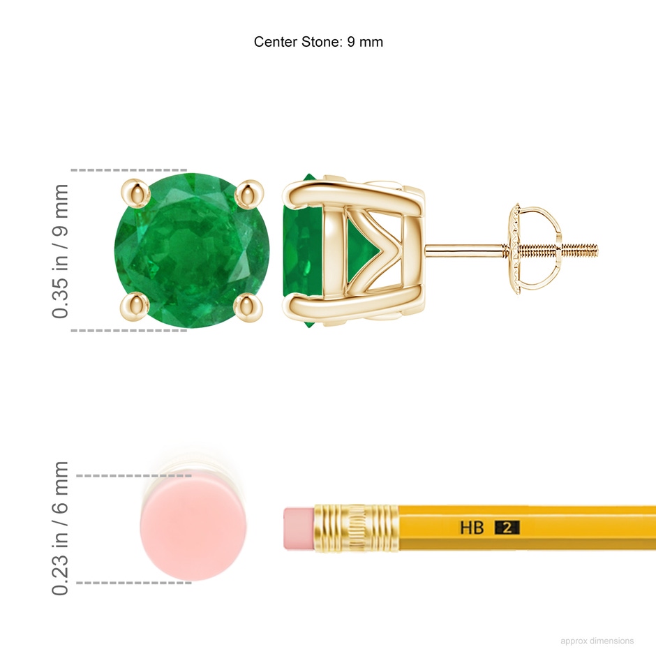 9mm AA Vintage Style Round Emerald Solitaire Stud Earrings in Yellow Gold ruler